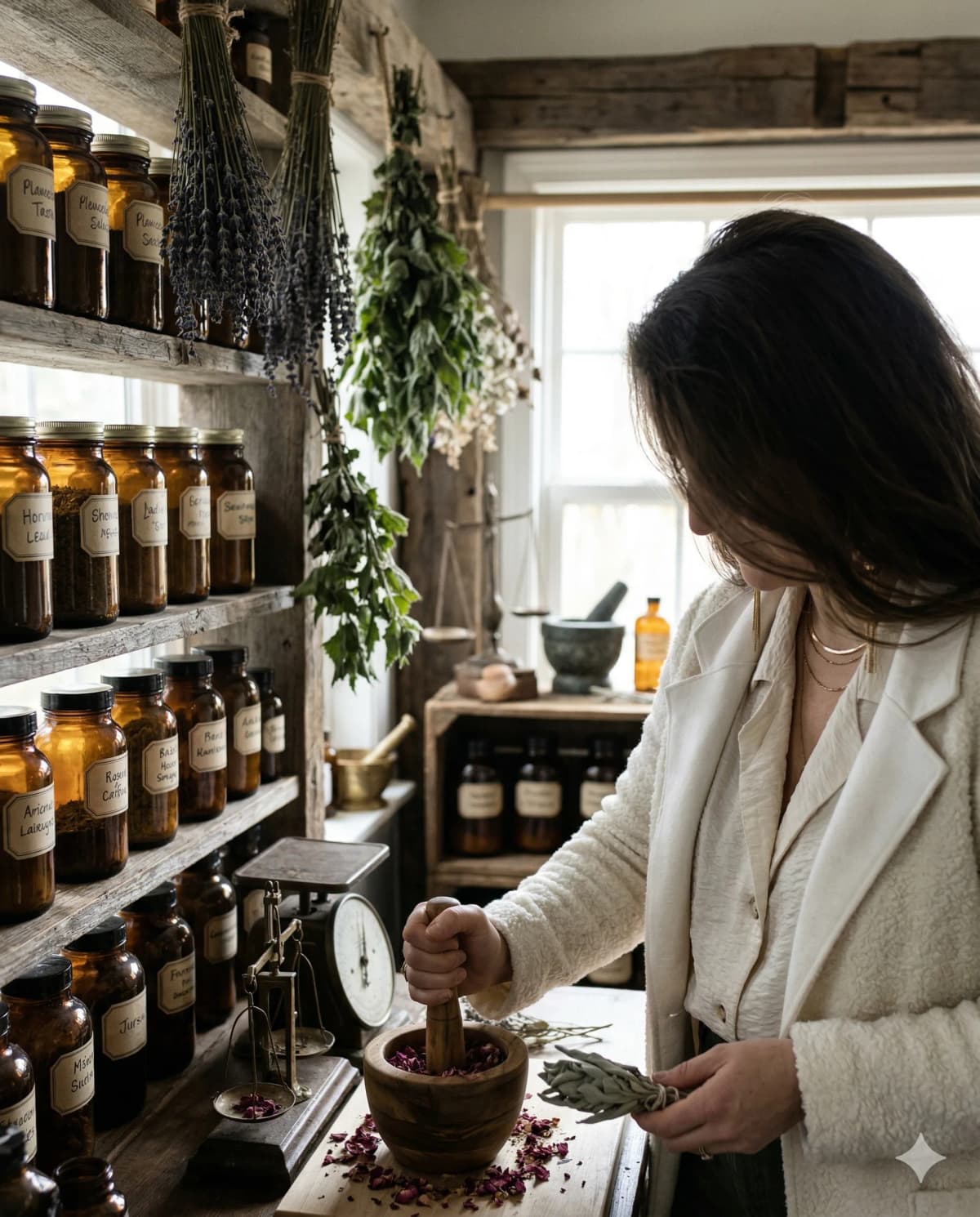 Herbalist preparing formulas in a sunlit apothecary